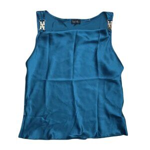 Nicole Miller Peacock Blue Satin Sleeveless Top With Gold Accent Straps Size M